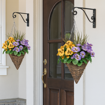 Artificial Purple & Yellow Pansy Cone Shaped Rattan Hanging Basket (Set of 2) - A1009