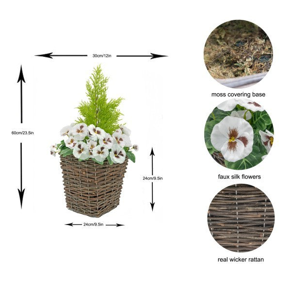 Artificial White Pansy Conifer Rattan Patio Planter  60cm/24in (Set of 2) - A1014