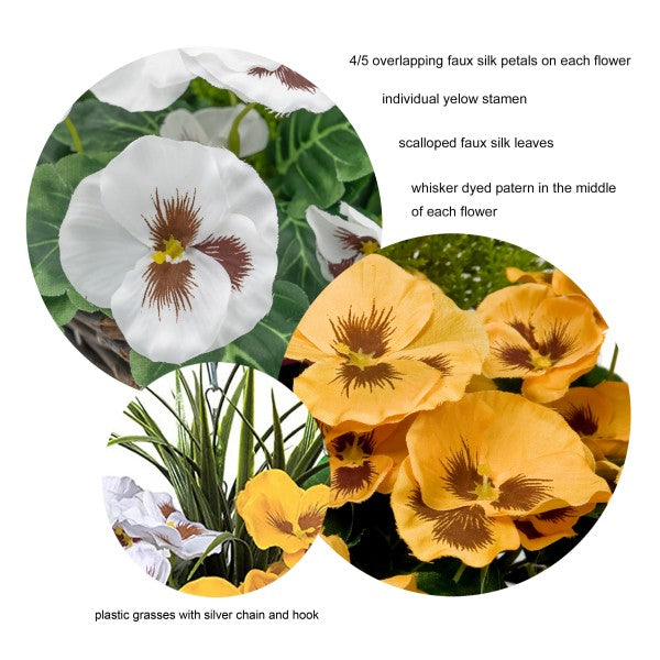Artificial Yellow &amp; White Pansy Round Rattan Hanging Basket (Set of 2)