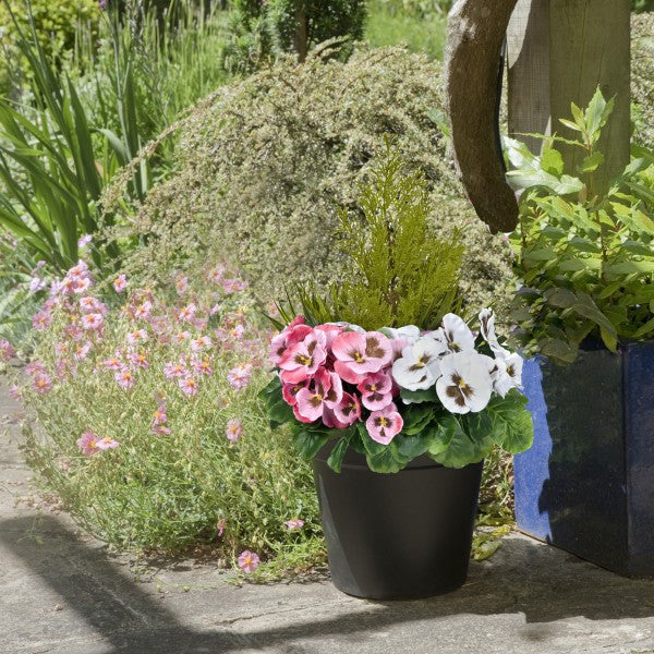 Artificial Pink & White Pansy Black Patio Planter 60cm/24in - A1079