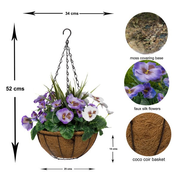 Artificial Purple &amp; White Round Coir Hanging Basket  (Set of 2) 
