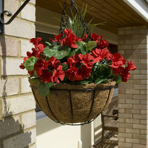 Artificial Red Geranium Round Coir Hanging Basket (Set of 2) - A1186