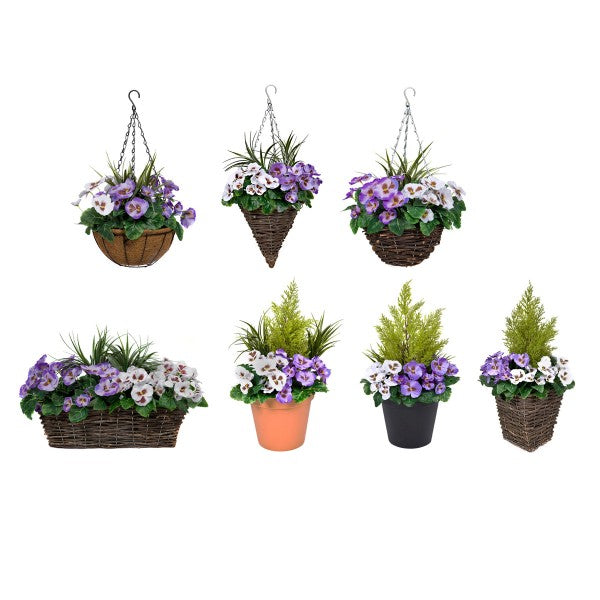 Artificial Rattan Purple &amp; White Pansy Window Box 58cm/23in