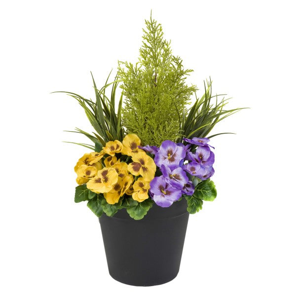 Artificial Purple & Yellow Pansy Black Patio Planter 60cm/24in - A1080