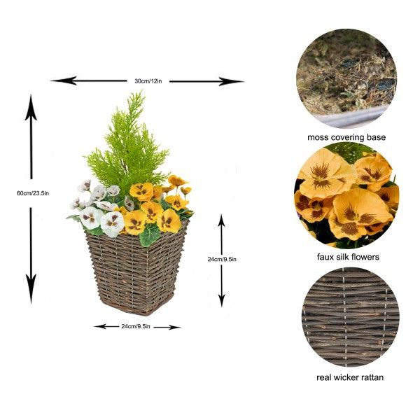Artificial Yellow &amp; White Pansy Rattan Patio Planters 60cm/24in (Set of 2) - GB1062