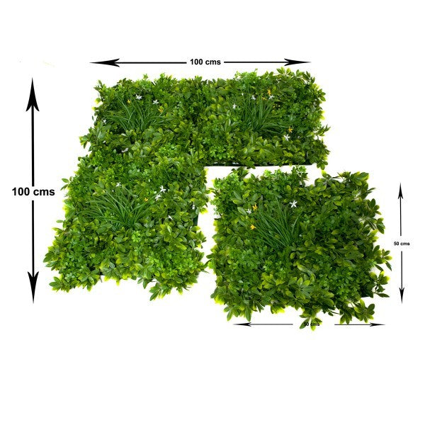 Artificial Premium Green Wall Hedge with Mixed Leaf Foliage Yellow &amp; White Flowers Pack of 4 x 50cm/20in - A1269