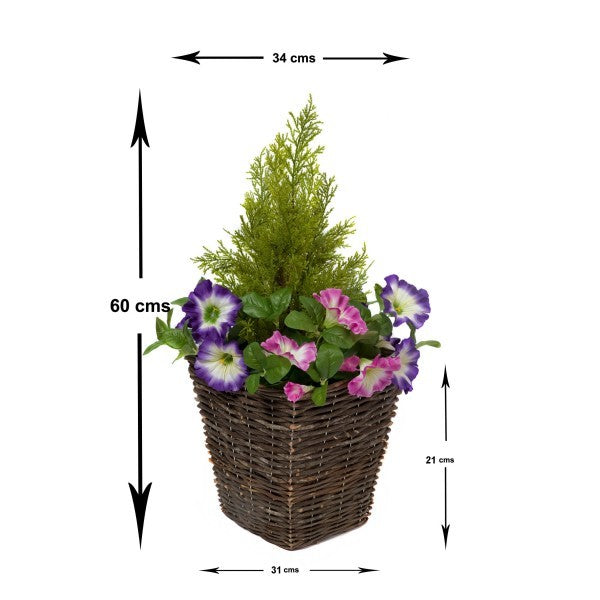 Artificial Pink &amp; Purple Petunia Rattan Patio Planters 60cm/24in (Set of 2) - A1190