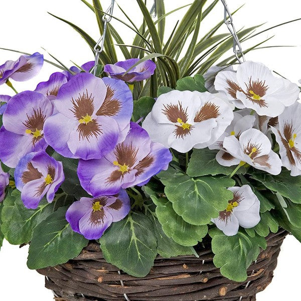 Artificial Purple & White Pansy Cone Shaped Rattan Hanging Basket (Set of 2) - A1011
