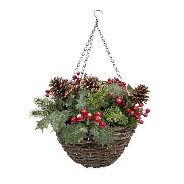 Artificial Christmas Rattan Hanging Basket with Lightly Frosted Pinecone, Berries &amp; Holly &amp; Conifer Greenery 
