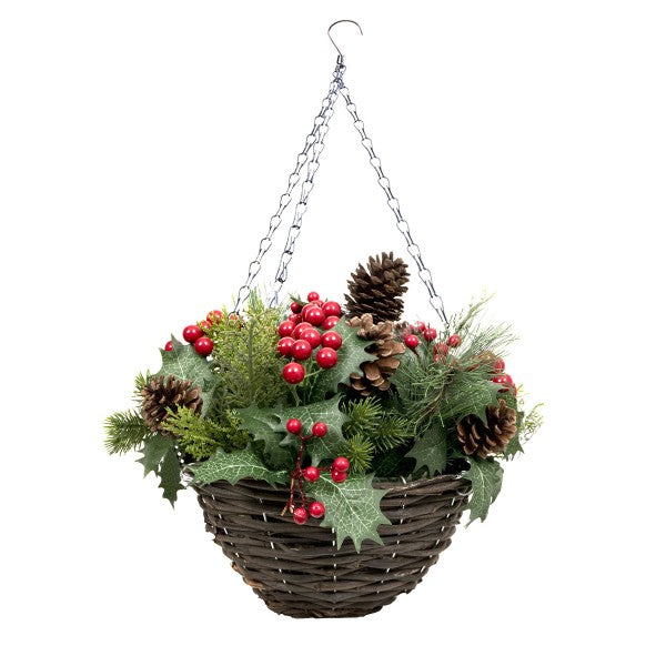 Artificial Christmas Rattan Hanging Basket with Pinecones &amp; Berries and Holly &amp; Conifer Greenery 