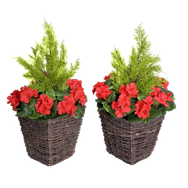 Artificial Red Geranium Rattan Patio Planters (Set of 2) 60cm/24in - A1256