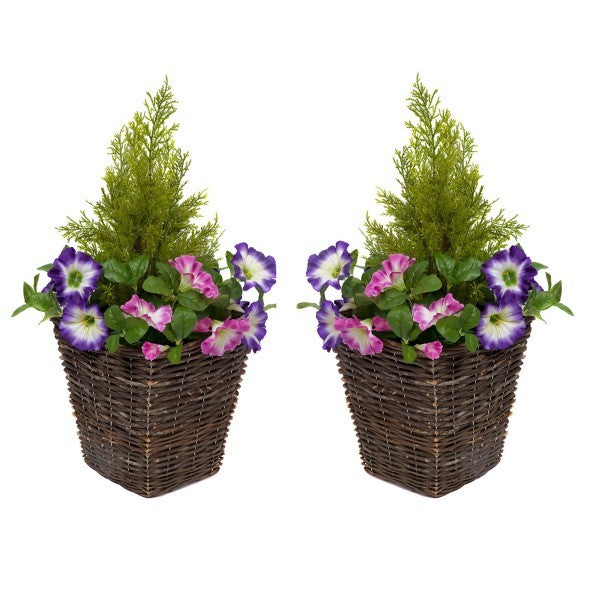 Artificial Pink &amp; Purple Petunia Rattan Patio Planters 60cm/24in (Set of 2) - A1190