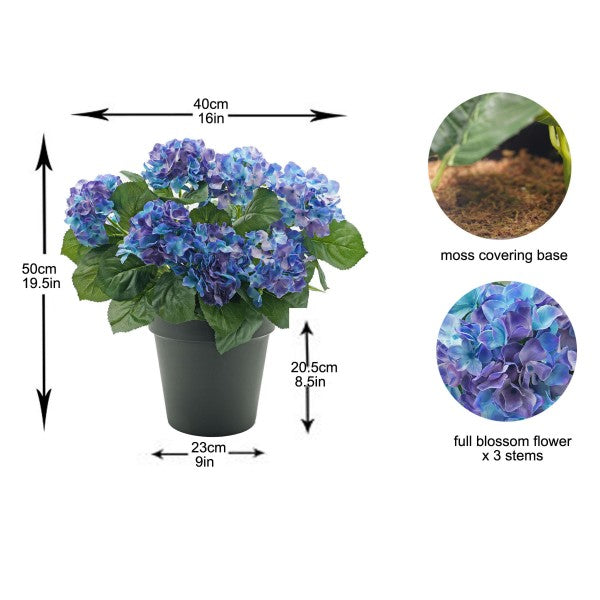 Artificial Blue Hydrangea in Black Pot 50cm/20in - A1354