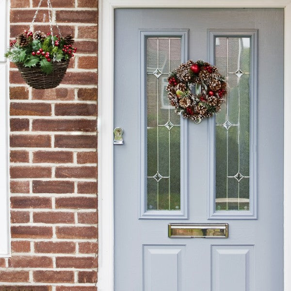 Artificial Christmas Rattan Hanging Basket with Lightly Frosted Pinecone, Berries &amp; Holly &amp; Conifer Greenery 