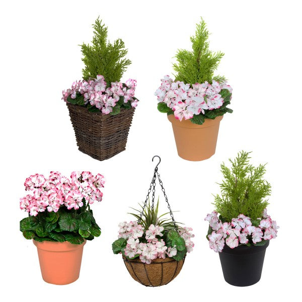 Artificial Pink Geranium Round Coir Hanging Basket (Set of 2) - A1188