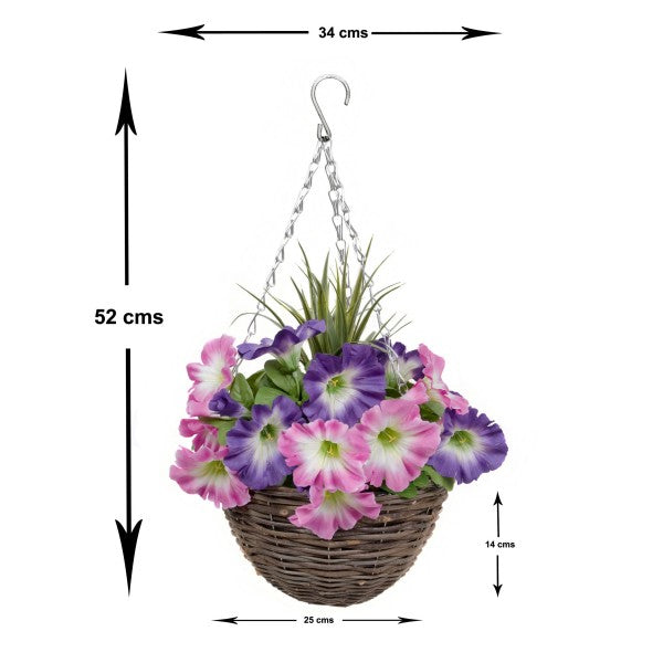 Artificial Pink &amp; Purple Round Rattan Petunia Hanging Baskets (Set of 2) - A1182