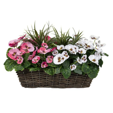 Artificial Pink &amp; White Pansy Rattan Window Box 58cm/23in
