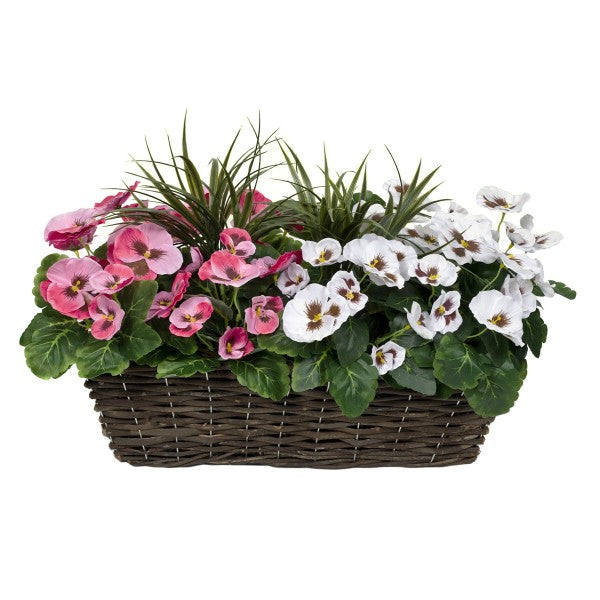 Artificial Pink &amp; White Pansy Rattan Window Box 58cm/23in