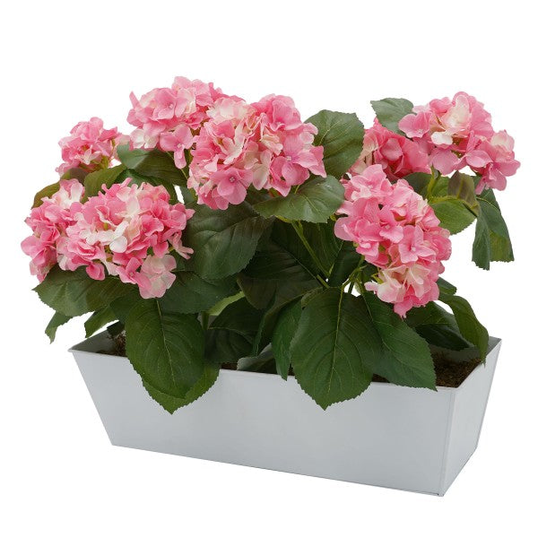 Artificial Pink Hydrangea in White Metal Window Box -A1384