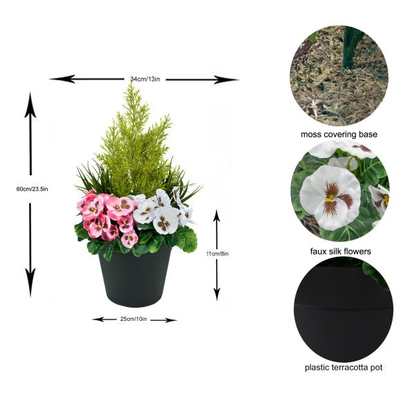 Artificial Pink & White Pansy Black Patio Planter 60cm/24in - A1079