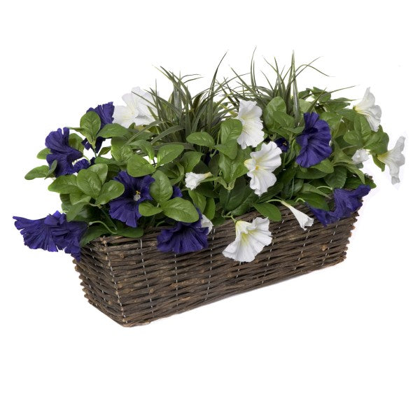Artificial Dark Purple &amp; White Petunia Rattan Window Box 58cm/23in