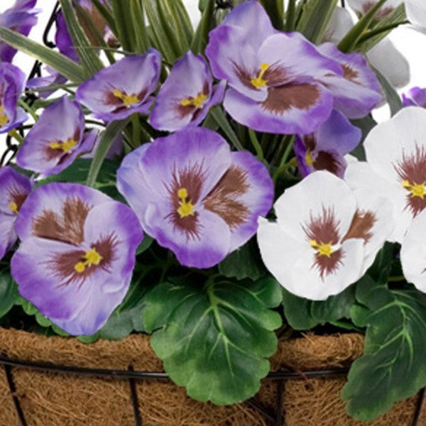 Artificial Purple &amp; White Round Coir Hanging Basket  (Set of 2) 