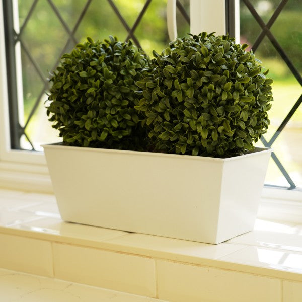 *Clearance* Artificial Topiary Double Ball Aglaia Boxwood in White Slanted Tin Window Box 35cm/14in - A1057C