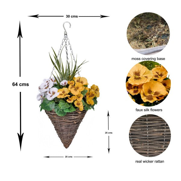 Artificial Yellow &amp; White Pansy Cone Shaped Rattan Hanging Basket (Set of 2)