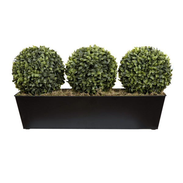 Artificial Topiary Triple Ball Aglaia Boxwood in Black Slanted Tin Window Box 54cm/21in