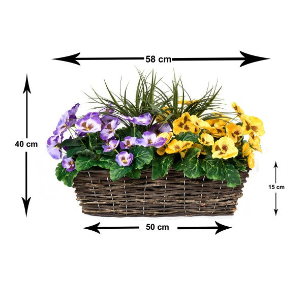Artificial Purple &amp; Yellow Pansy Rattan Window Box 58cm/23in