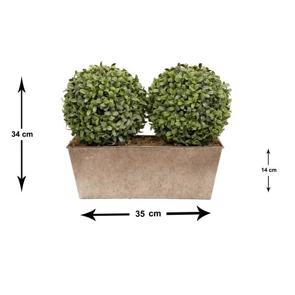 *Clearance* Artificial Topiary Double Ball Aglaia Boxwood in Rustic Slanted Tin Window Box 35cm/14in - A1029C