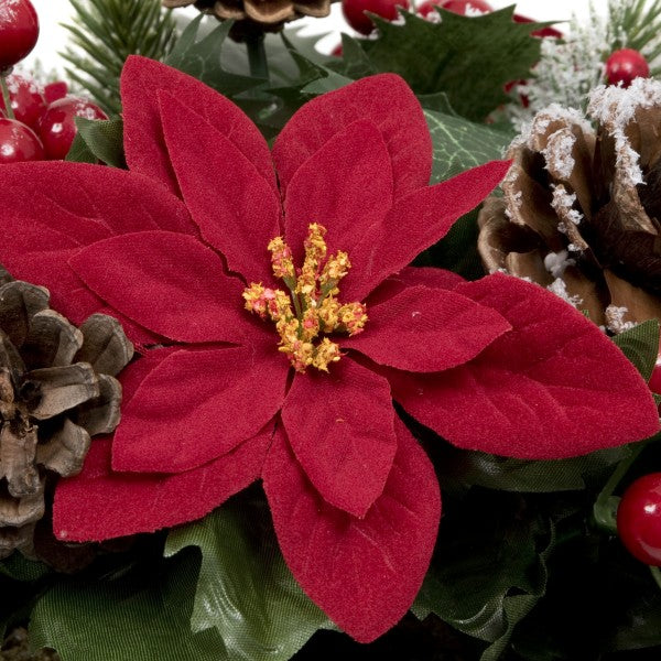 Artificial Christmas Rattan Hanging Basket with Snow Poinsettia, Pinecones &amp; Berries &amp; Holly &amp; Conifer Greenery