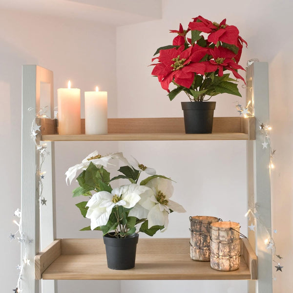 GreenBrokers Artificial White Poinsettia Christmas Plant in Pot 36cm D1400