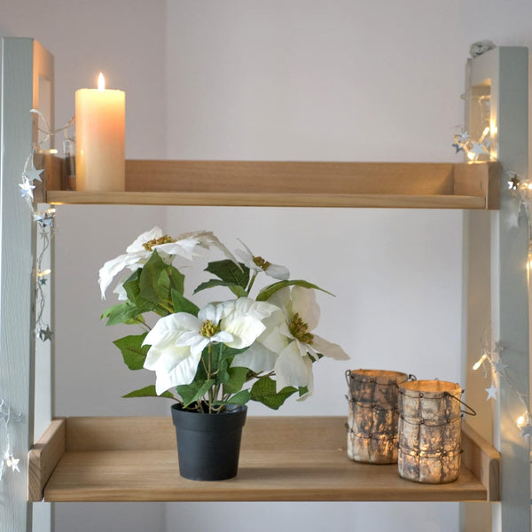 GreenBrokers Artificial White Poinsettia Christmas Plant in Pot 36cm D1400