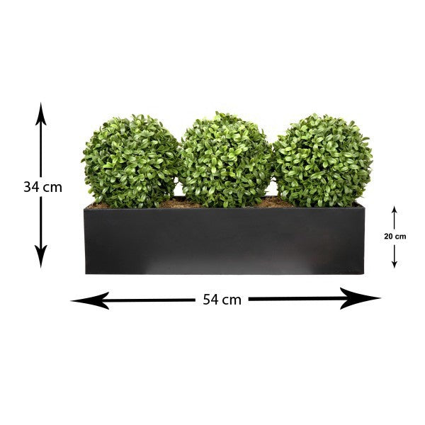 Artificial Topiary Triple Ball Aglaia Boxwood in Black Straight Tin Window Box 54cm/21in - A1067
