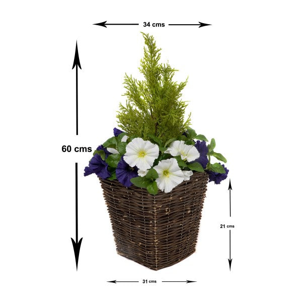Artificial Dark Purple &amp; White Petunia Rattan Patio Planters 60cm/24in (Set of 2) - A1191