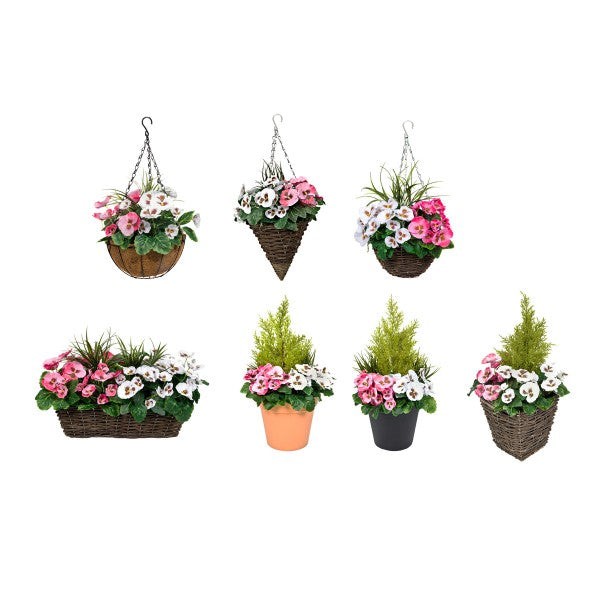 Artificial Pink &amp; White Pansy Rattan Window Box 58cm/23in