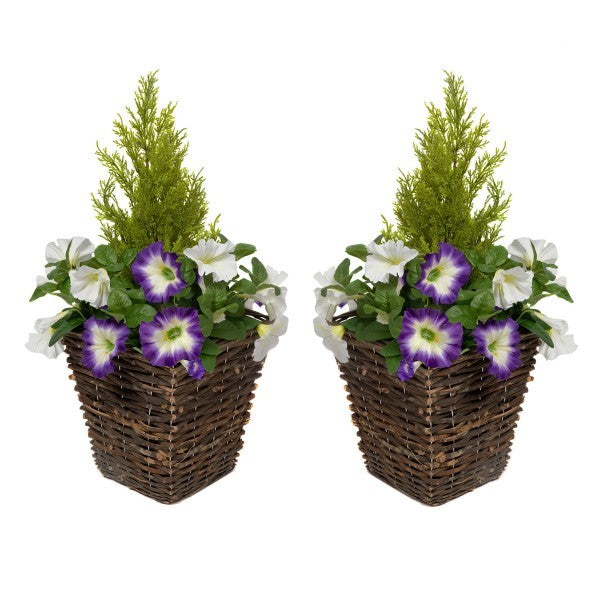 Artificial Purple & White Petunia Rattan Patio Planters 60cm/24in (Set of 2) - A1193