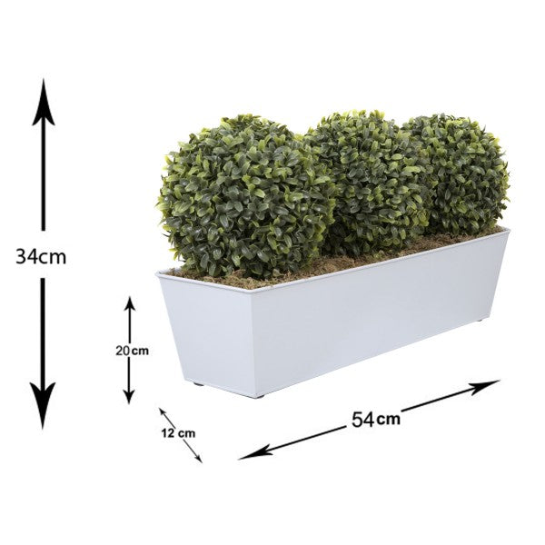 Artificial Topiary Triple Ball Aglaia Boxwood in White Slanted Tin Window Box 54cm/21in - A1049