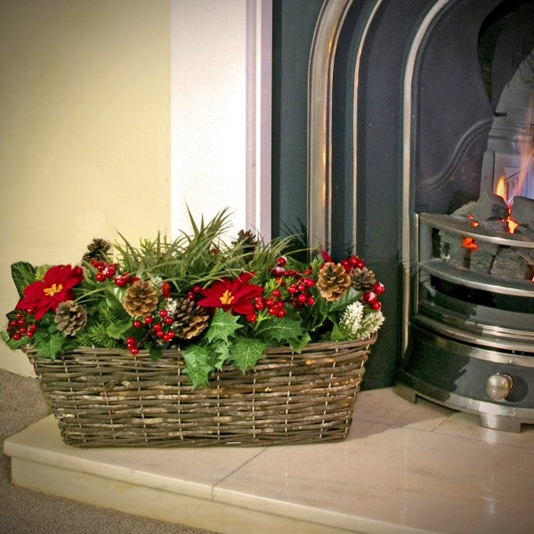 Artificial Christmas Window Box with Poinsettia Pinecones Berries &amp; Conifer &amp; Pine Greenery 