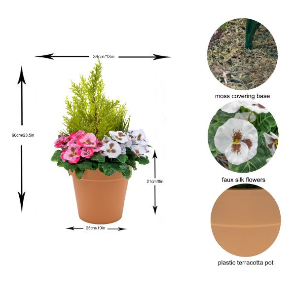 Artificial Pink &amp; White Pansy Terracotta Patio Planter 60cm/24in. - A1082