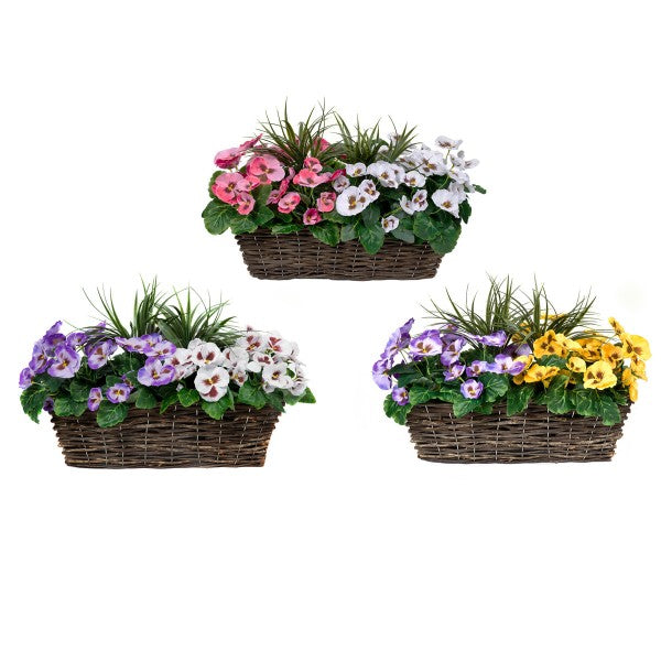 Artificial Rattan Purple &amp; White Pansy Window Box 58cm/23in