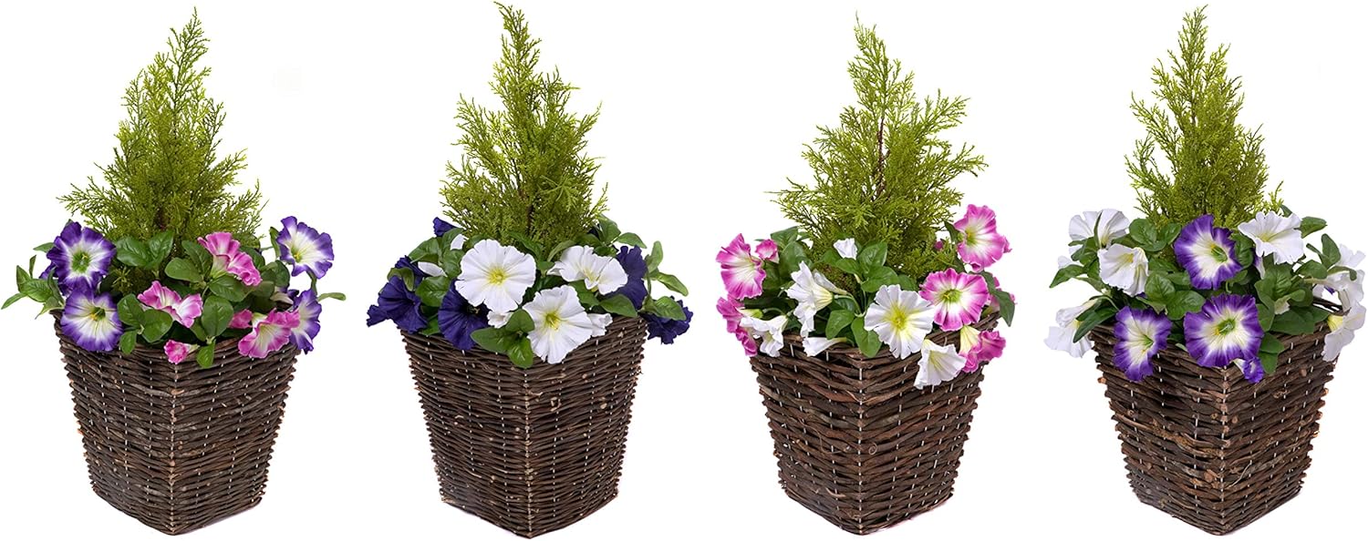 Artificial Rattan Patio Planters with Pink & White Petunias & Cedar Topiary (Set of 2) - A1192
