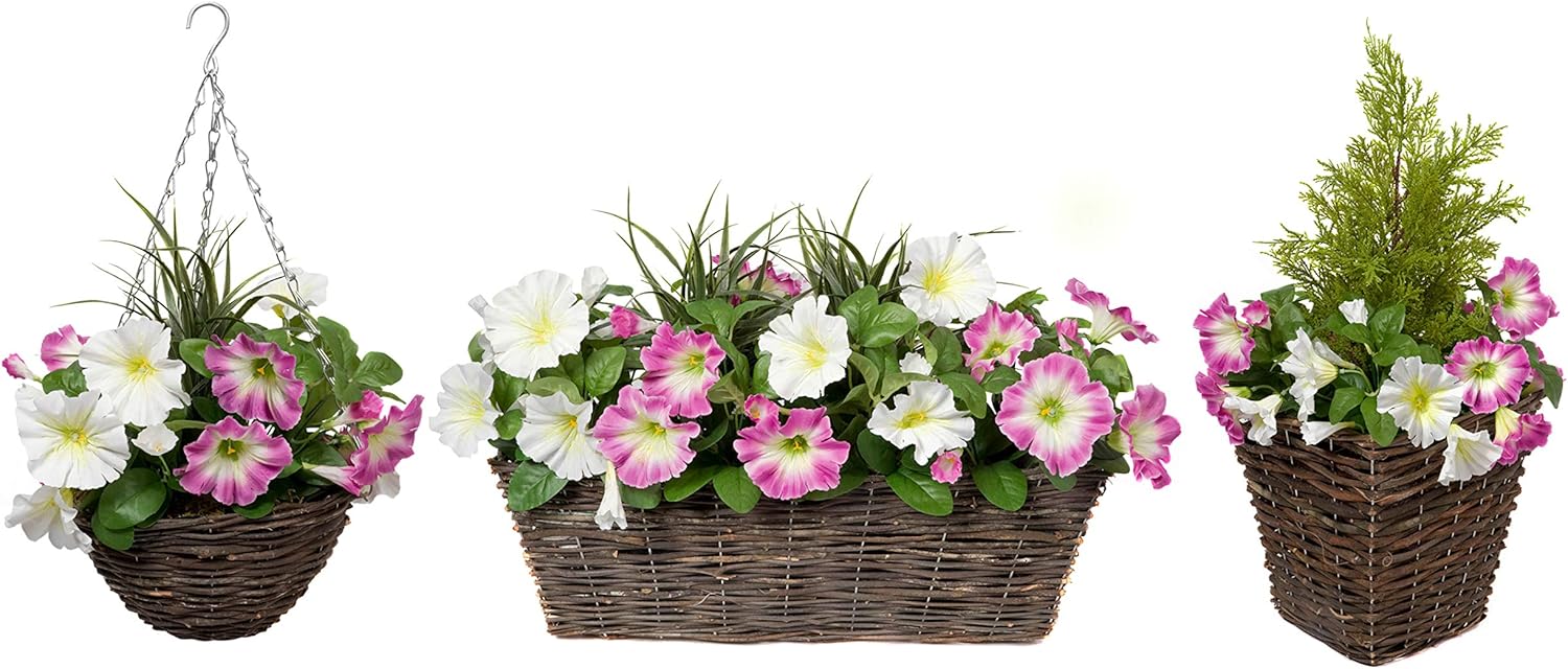 Artificial Rattan Patio Planters with Pink & White Petunias & Cedar Topiary (Set of 2) - A1192