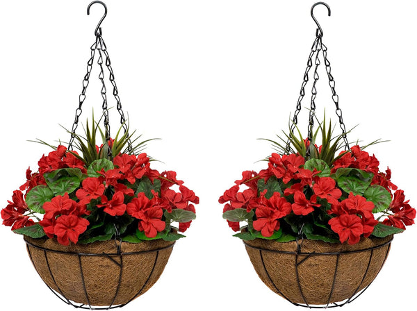 Red Geranium Round Coir Hanging Basket (Set of 2) - A1186