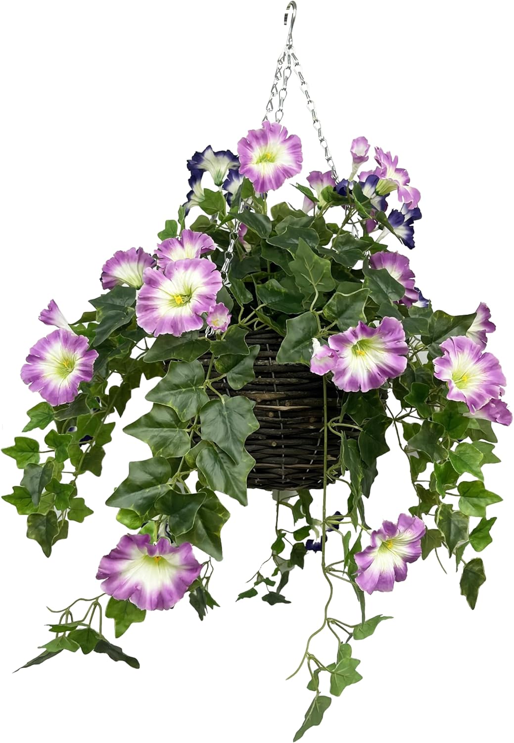 Artificial Pink & Purple Petunia Round Rattan Hanging Basket with Ivy Vine (30cm) - A1431