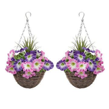 Artificial Pink &amp; Purple Round Rattan Petunia Hanging Baskets (Set of 2) - A1182