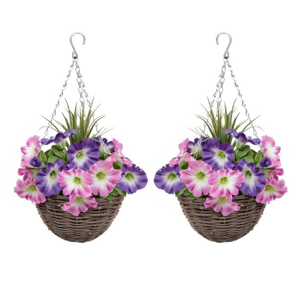 Artificial Pink &amp; Purple Round Rattan Petunia Hanging Baskets (Set of 2) - A1182