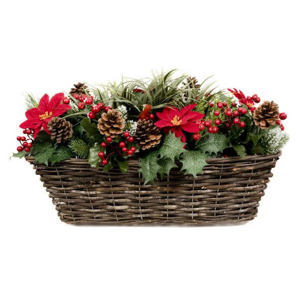 Artificial Christmas Window Box with Poinsettia Pinecones Berries &amp; Conifer &amp; Pine Greenery 