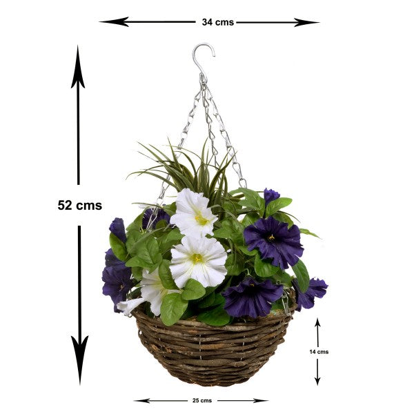 Artificial Dark Purple &amp; White Round Rattan Petunia Hanging Baskets (Set of 2) - A1183